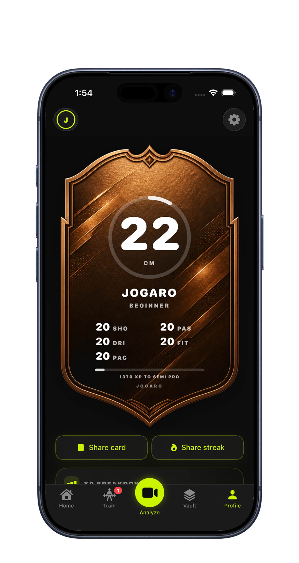 Jogaro player card and XP screen