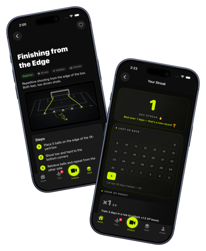 Jogaro app screens showing football drills and streak progress